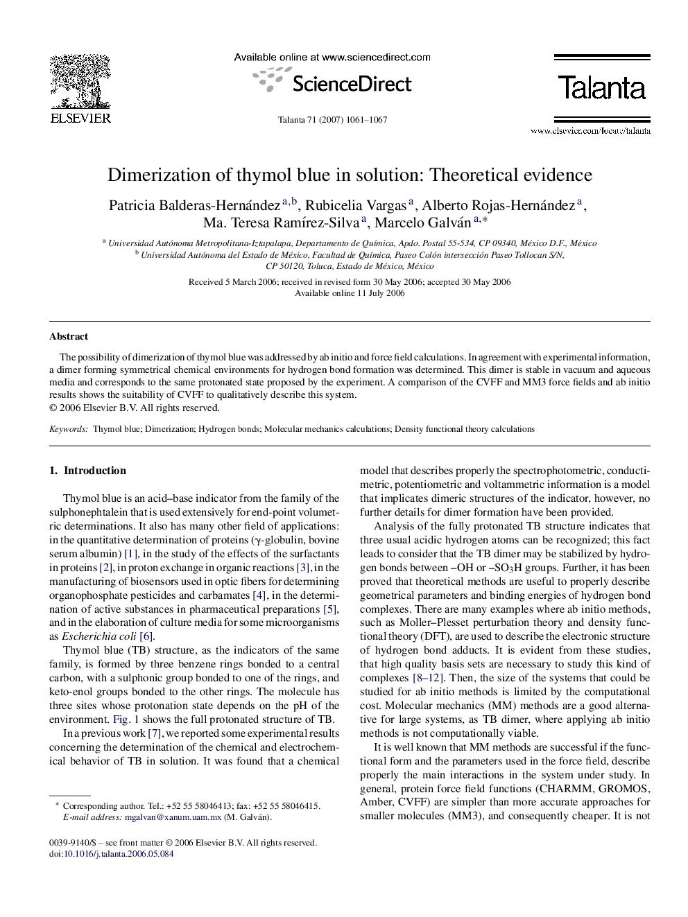 Dimerization of thymol blue in solution: Theoretical evidence