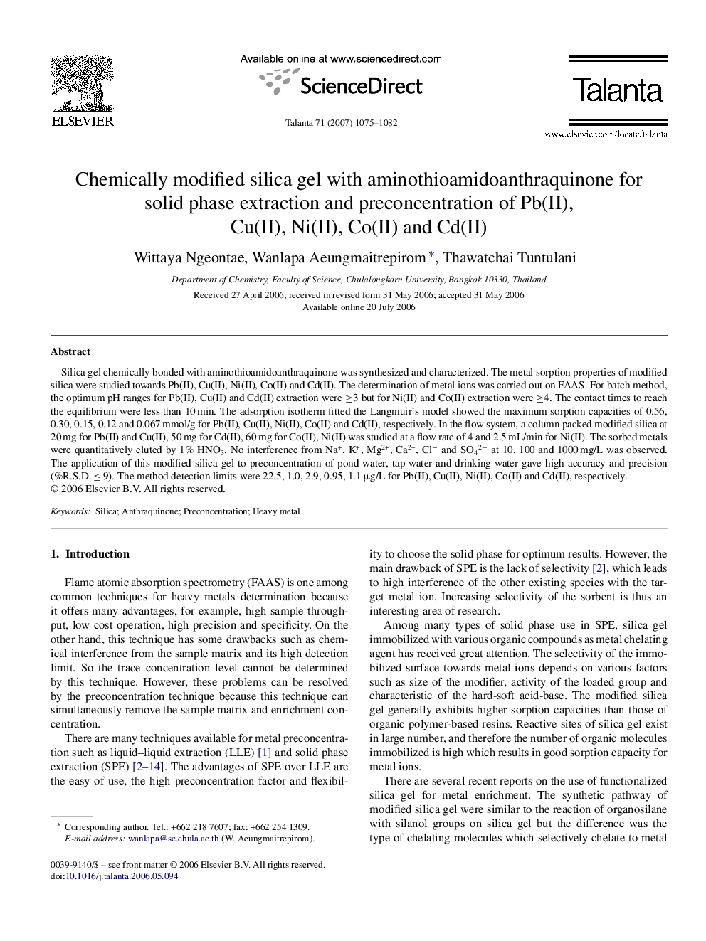 Chemically modified silica gel with aminothioamidoanthraquinone for solid phase extraction and preconcentration of Pb(II), Cu(II), Ni(II), Co(II) and Cd(II)