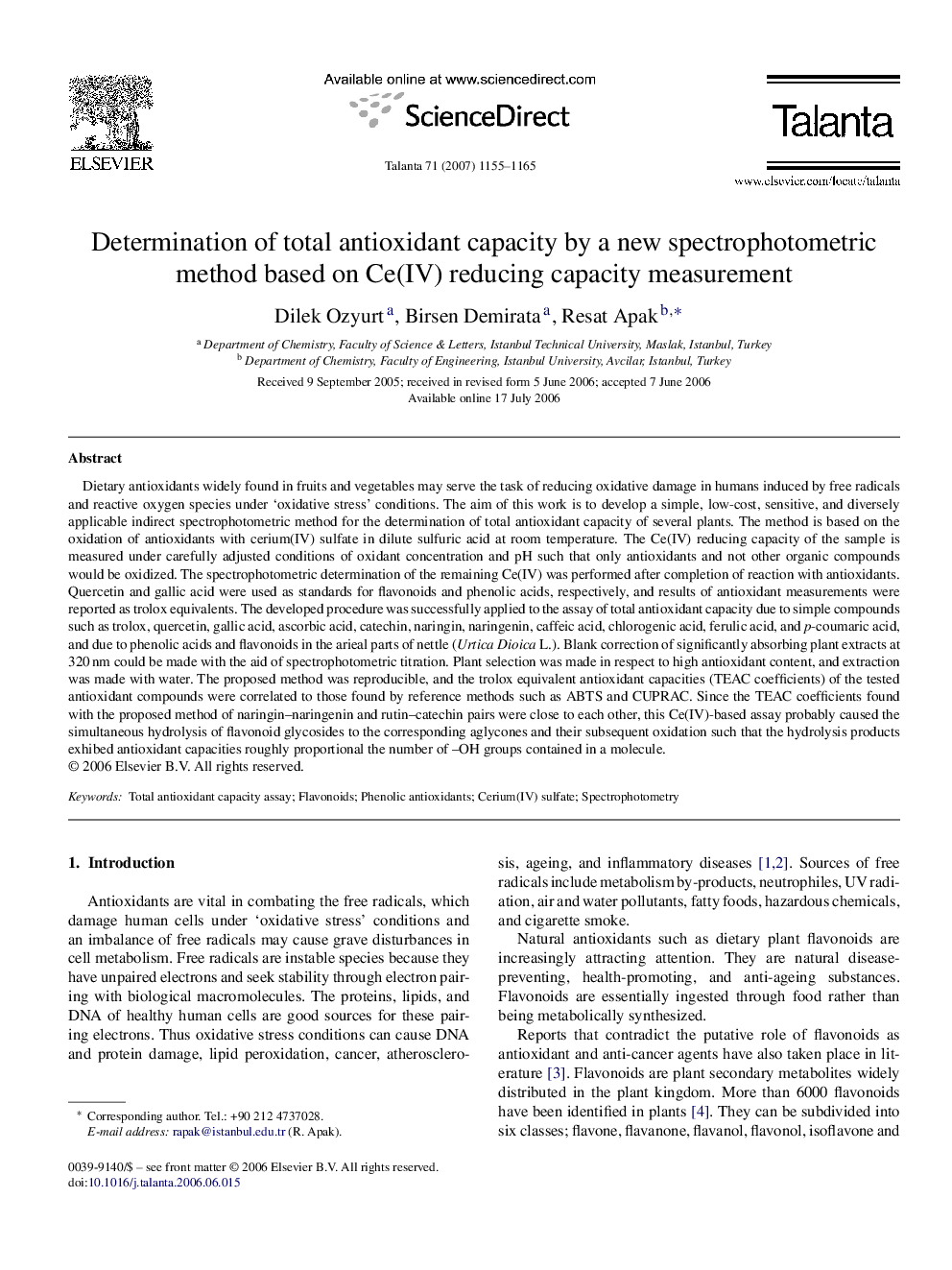 Determination of total antioxidant capacity by a new spectrophotometric method based on Ce(IV) reducing capacity measurement