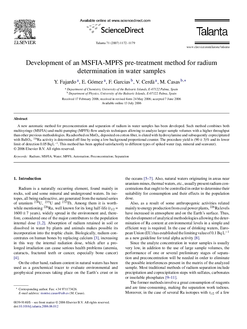 Development of an MSFIA-MPFS pre-treatment method for radium determination in water samples