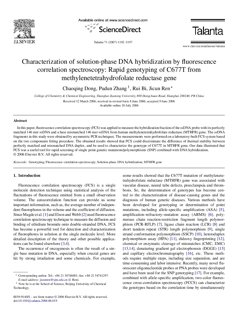 Characterization of solution-phase DNA hybridization by fluorescence correlation spectroscopy: Rapid genotyping of C677T from methylenetetrahydrofolate reductase gene