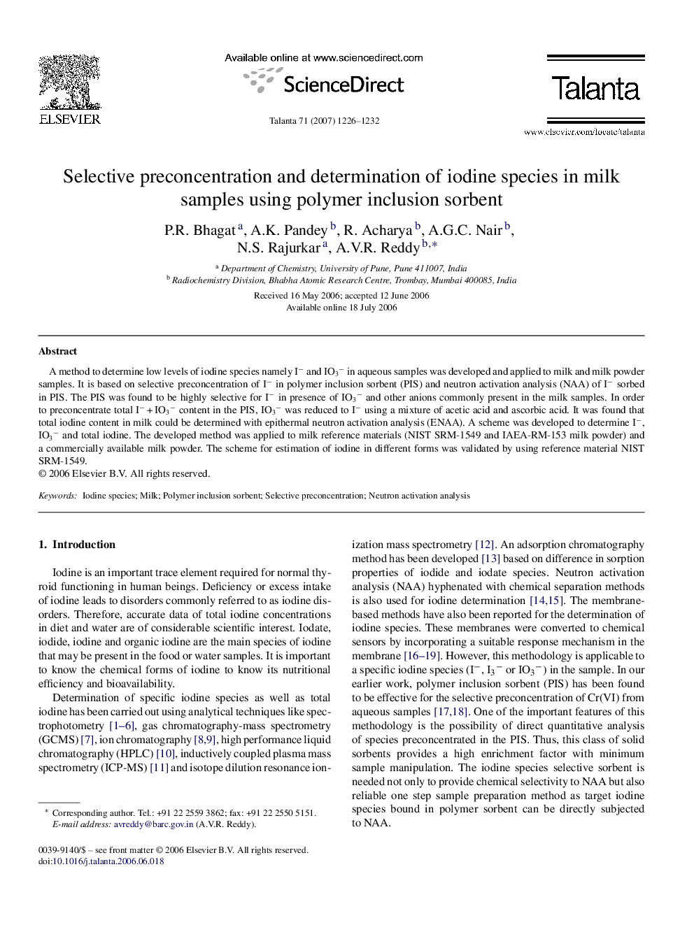 Selective preconcentration and determination of iodine species in milk samples using polymer inclusion sorbent