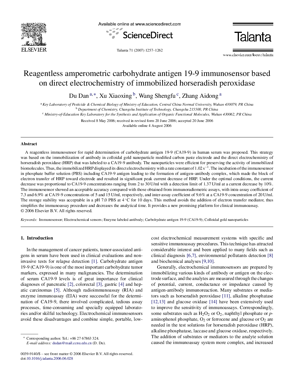 Reagentless amperometric carbohydrate antigen 19-9 immunosensor based on direct electrochemistry of immobilized horseradish peroxidase