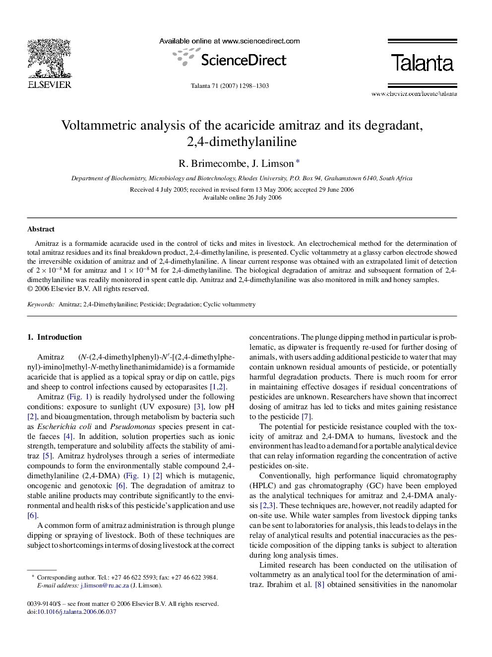 Voltammetric analysis of the acaricide amitraz and its degradant, 2,4-dimethylaniline