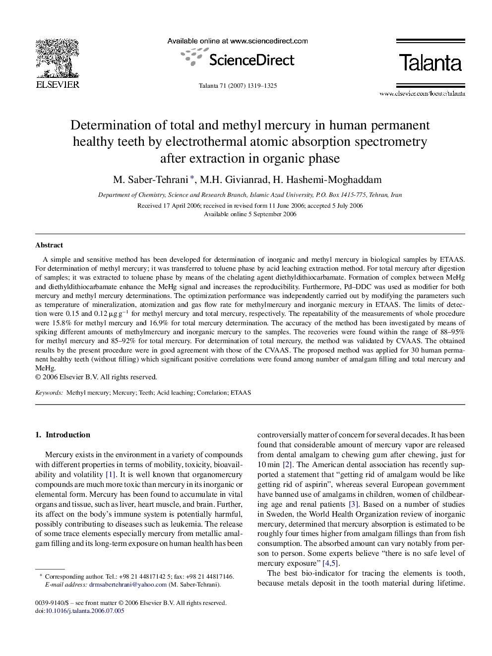 Determination of total and methyl mercury in human permanent healthy teeth by electrothermal atomic absorption spectrometry after extraction in organic phase