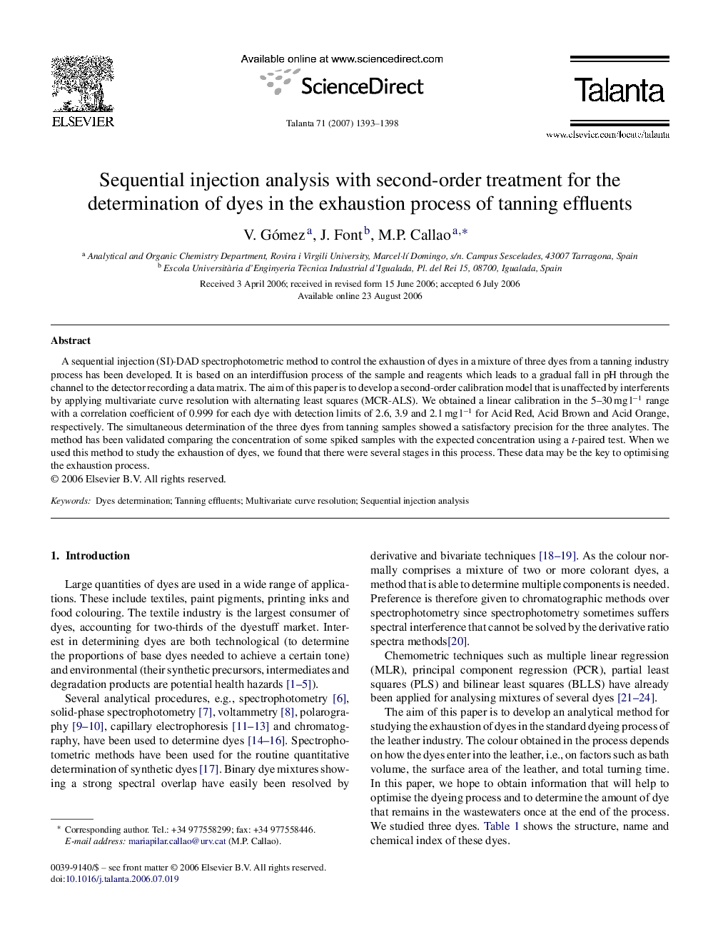 Sequential injection analysis with second-order treatment for the determination of dyes in the exhaustion process of tanning effluents