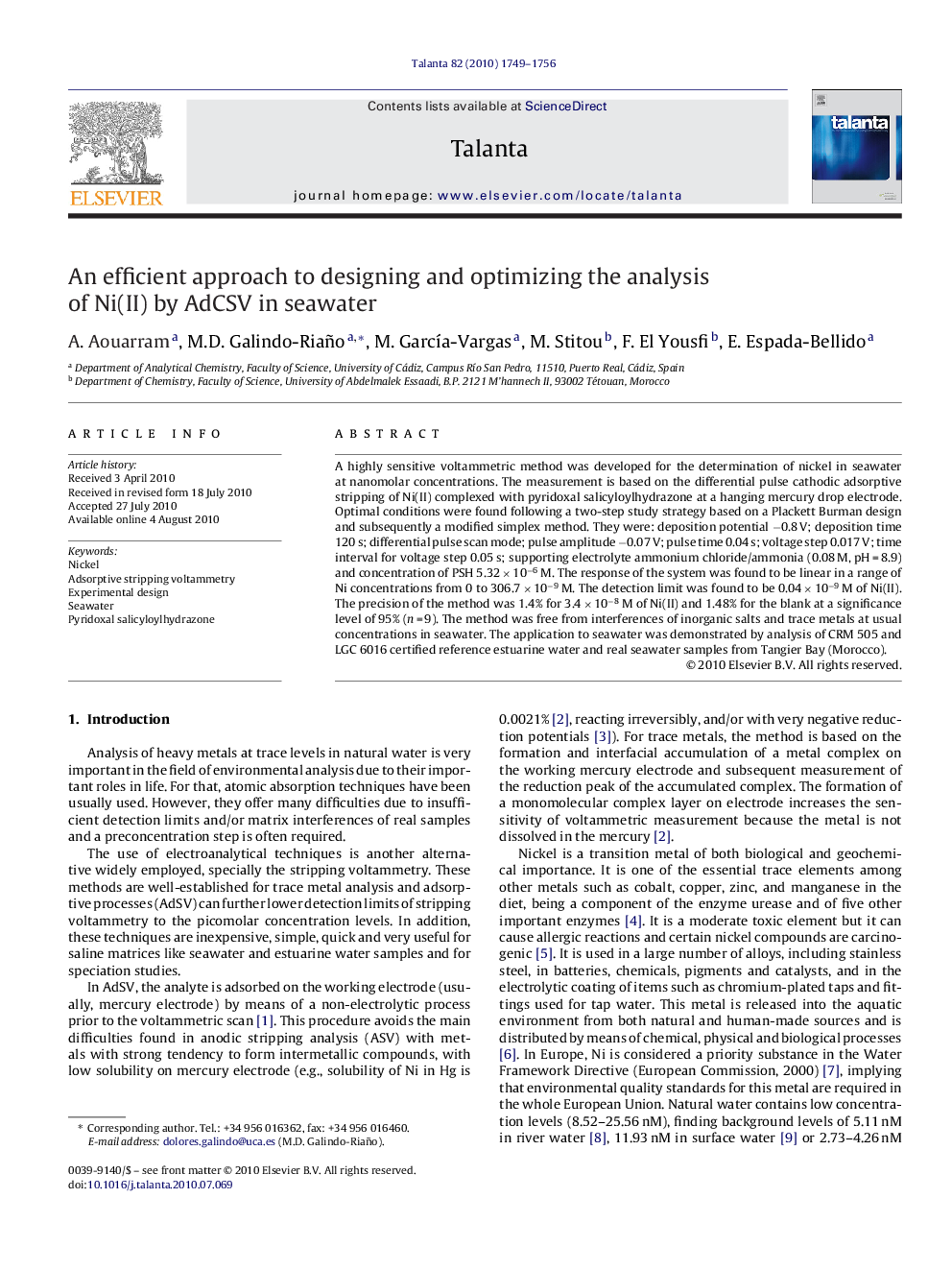 An efficient approach to designing and optimizing the analysis of Ni(II) by AdCSV in seawater