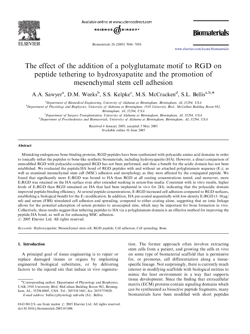 The effect of the addition of a polyglutamate motif to RGD on peptide tethering to hydroxyapatite and the promotion of mesenchymal stem cell adhesion