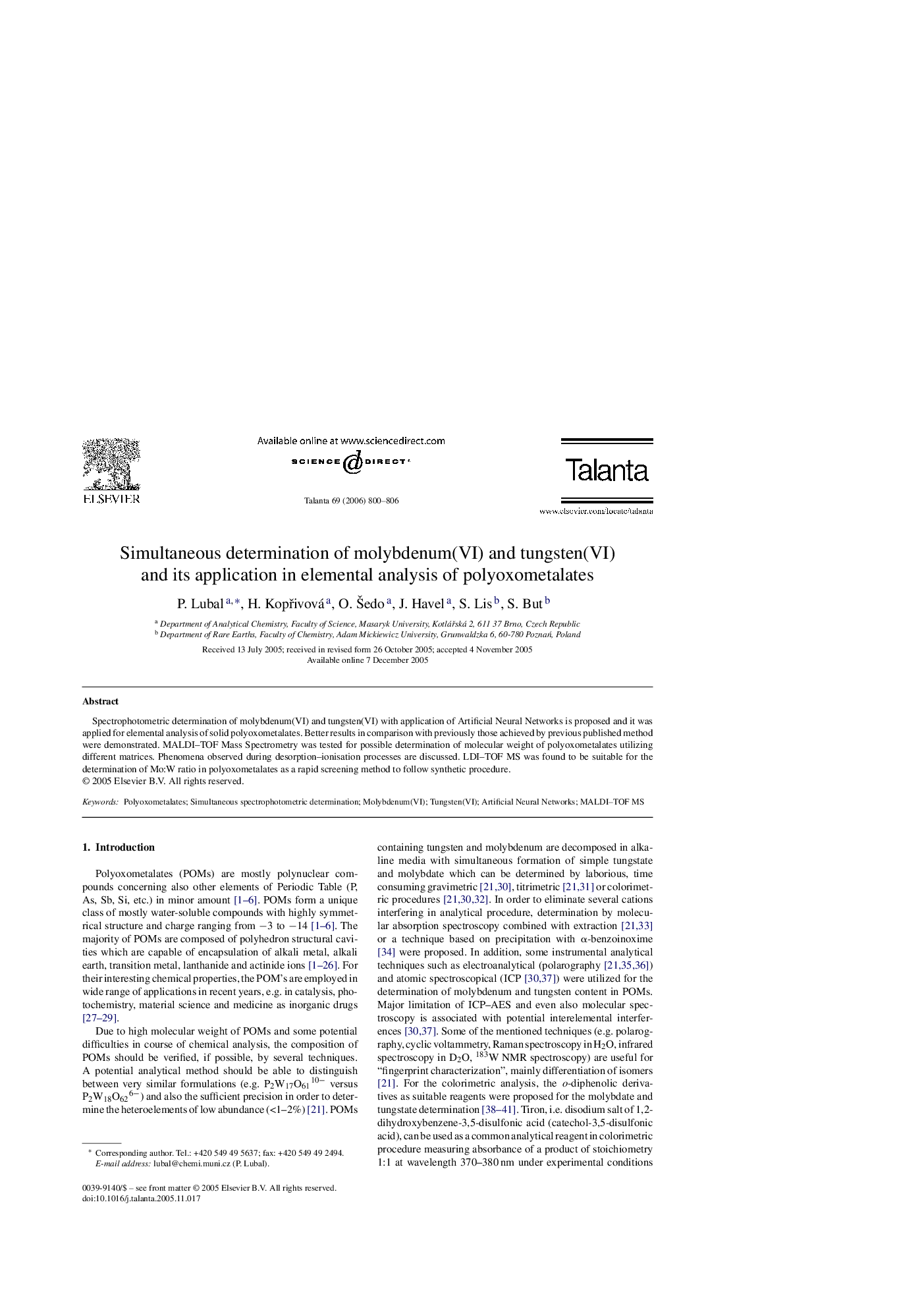 Simultaneous determination of molybdenum(VI) and tungsten(VI) and its application in elemental analysis of polyoxometalates