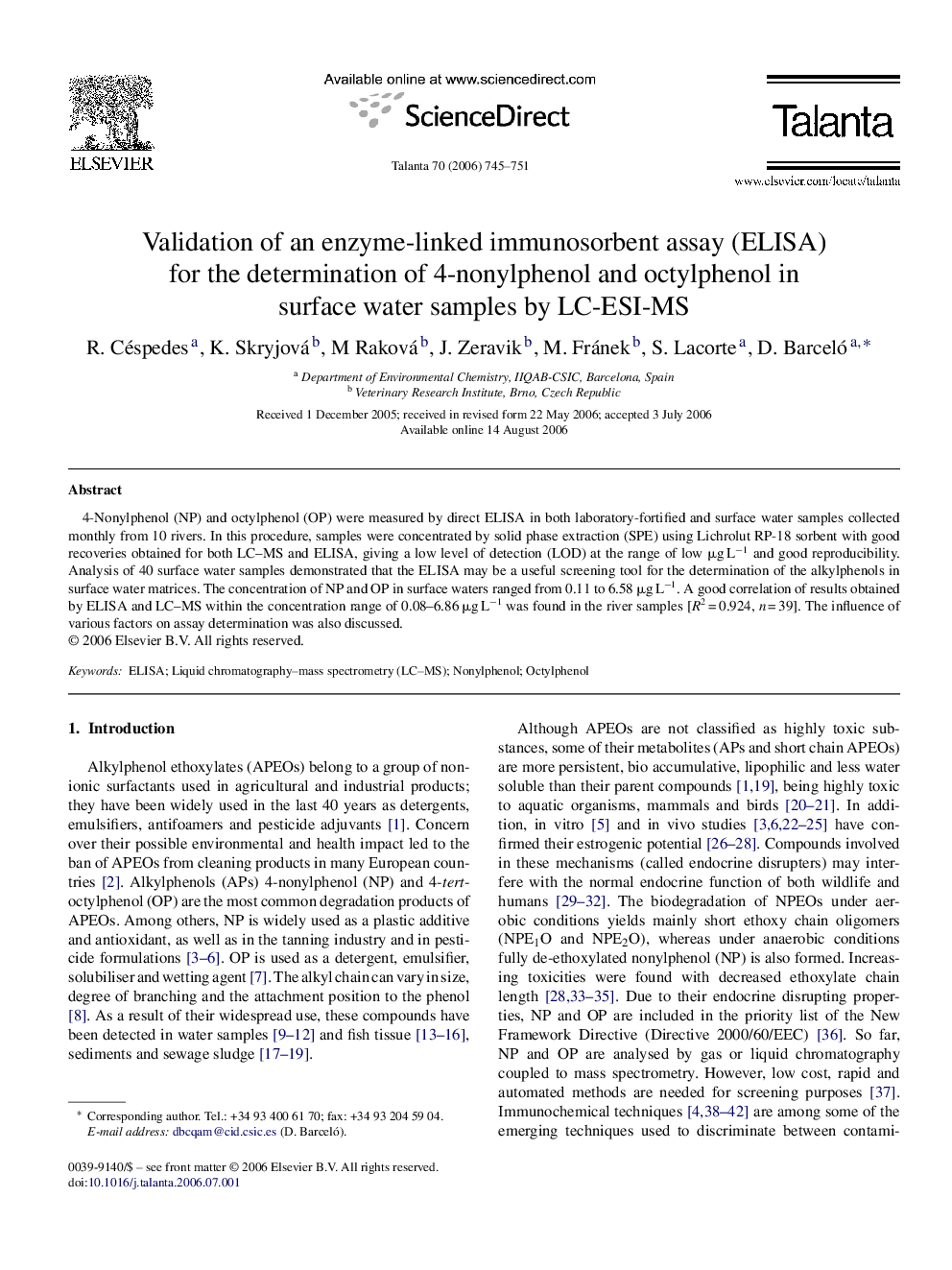 Validation of an enzyme-linked immunosorbent assay (ELISA) for the determination of 4-nonylphenol and octylphenol in surface water samples by LC-ESI-MS