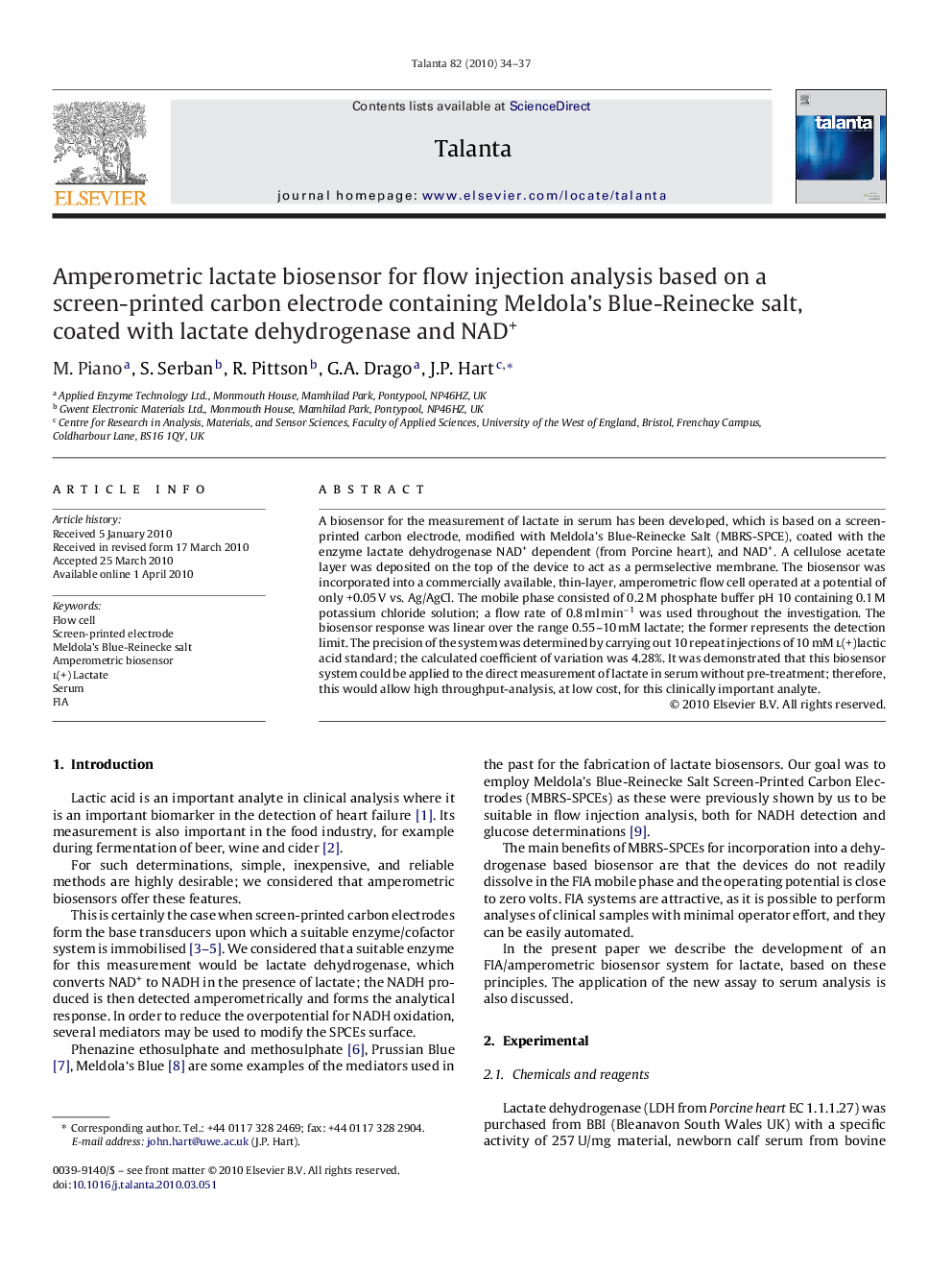 Amperometric lactate biosensor for flow injection analysis based on a screen-printed carbon electrode containing Meldola's Blue-Reinecke salt, coated with lactate dehydrogenase and NAD+