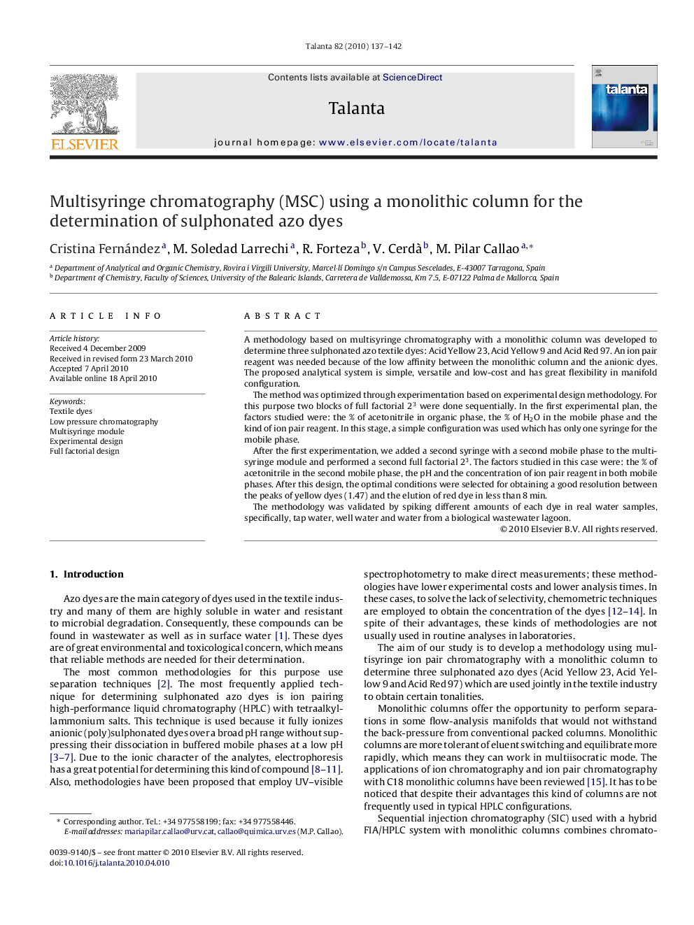 Multisyringe chromatography (MSC) using a monolithic column for the determination of sulphonated azo dyes