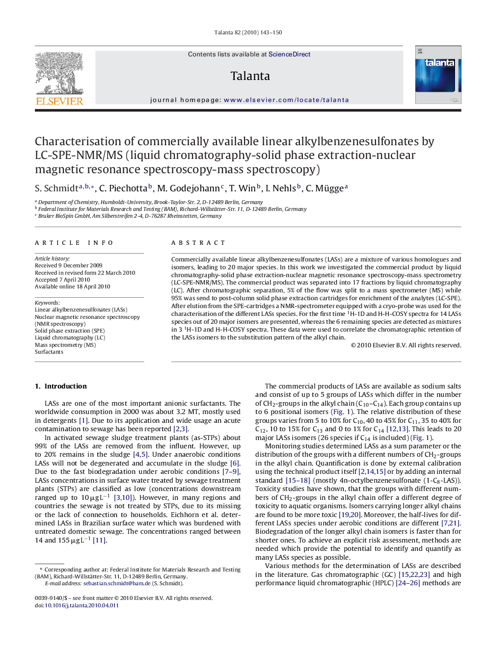 Characterisation of commercially available linear alkylbenzenesulfonates by LC-SPE-NMR/MS (liquid chromatography-solid phase extraction-nuclear magnetic resonance spectroscopy-mass spectroscopy)