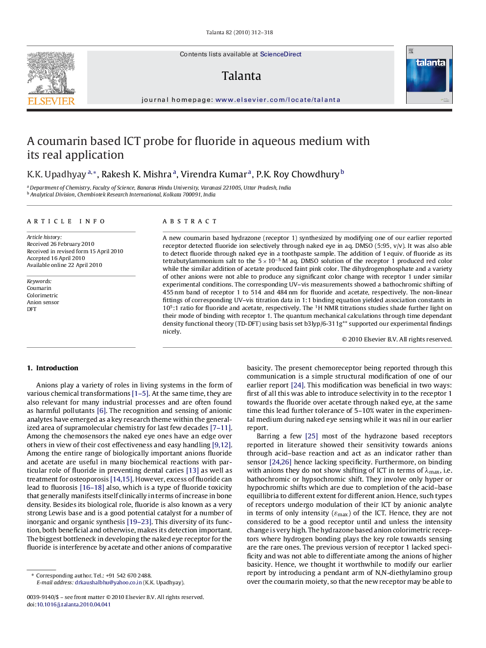 A coumarin based ICT probe for fluoride in aqueous medium with its real application