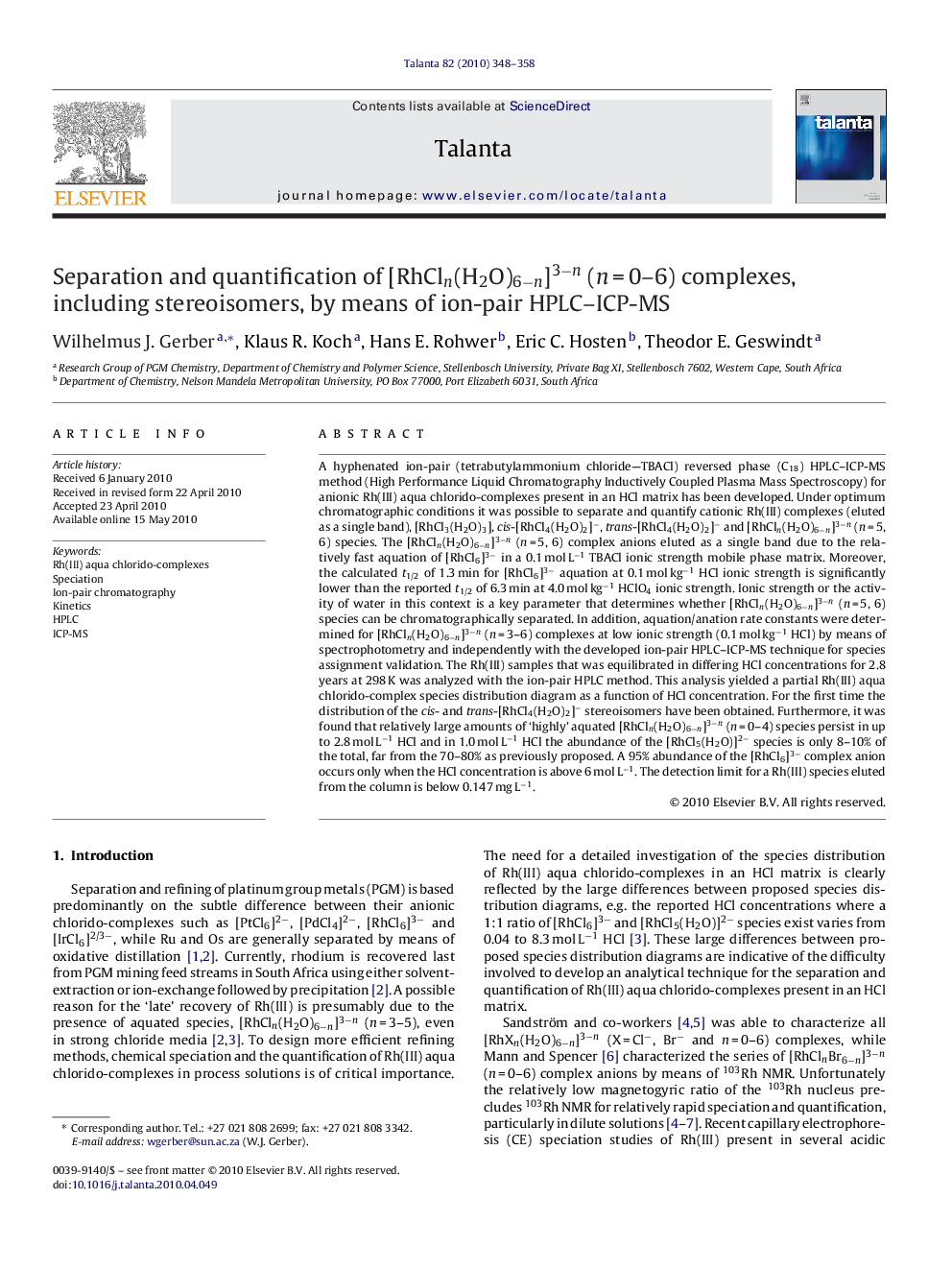 Separation and quantification of [RhCln(H2O)6−n]3−n (n = 0–6) complexes, including stereoisomers, by means of ion-pair HPLC–ICP-MS