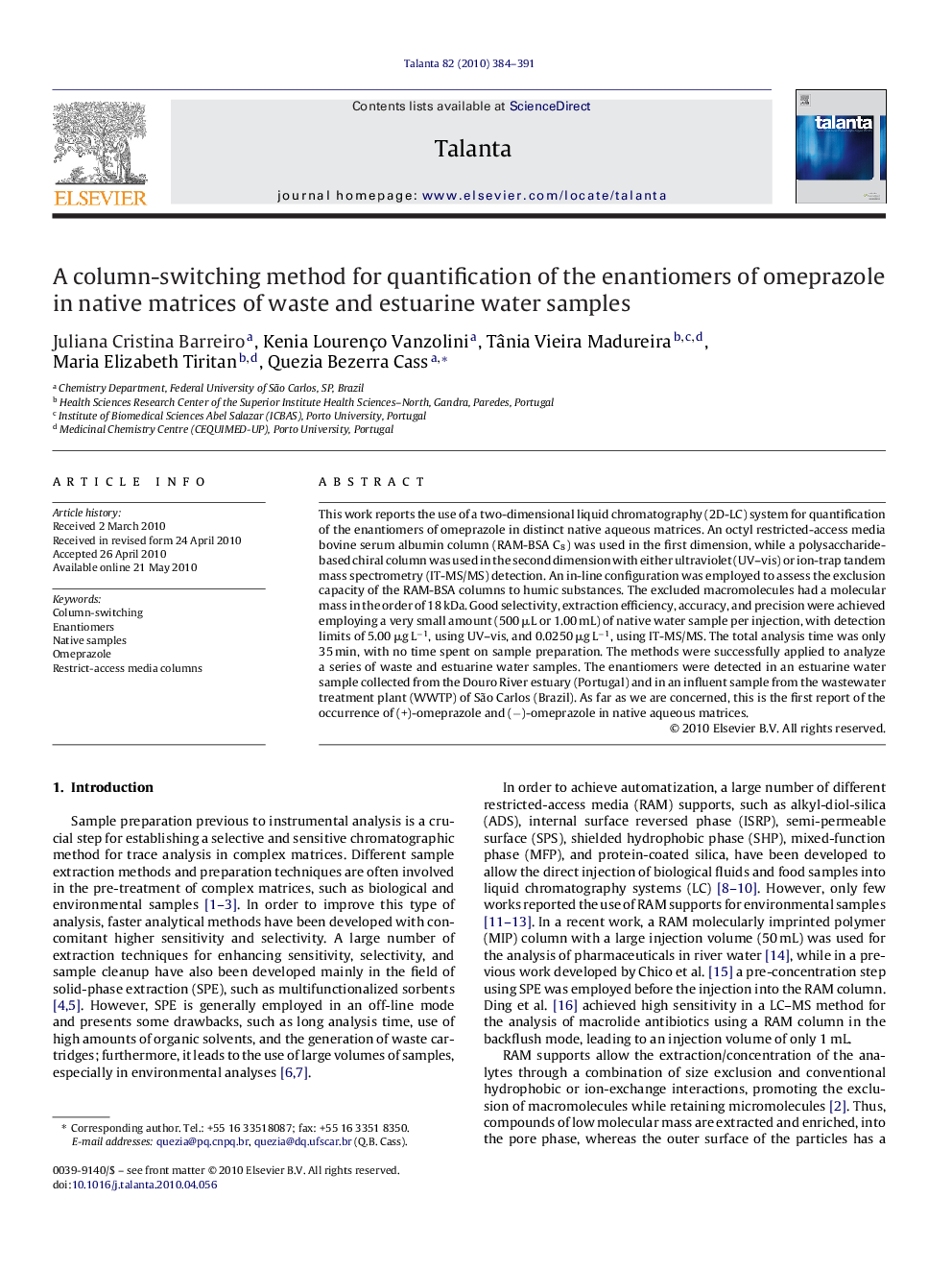 A column-switching method for quantification of the enantiomers of omeprazole in native matrices of waste and estuarine water samples