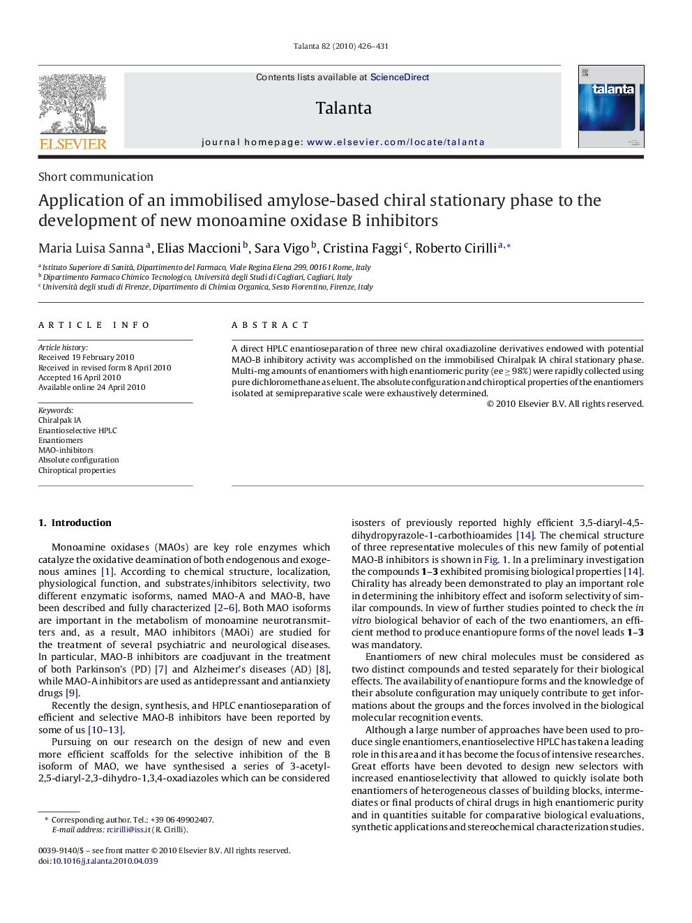 Application of an immobilised amylose-based chiral stationary phase to the development of new monoamine oxidase B inhibitors