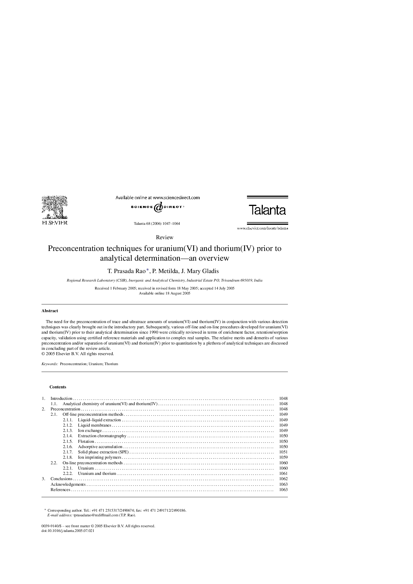 Preconcentration techniques for uranium(VI) and thorium(IV) prior to analytical determination—an overview