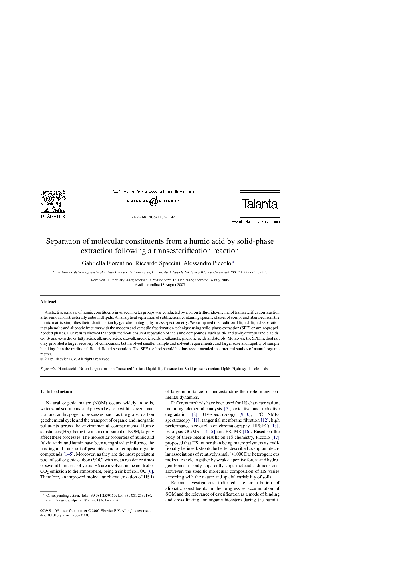 Separation of molecular constituents from a humic acid by solid-phase extraction following a transesterification reaction