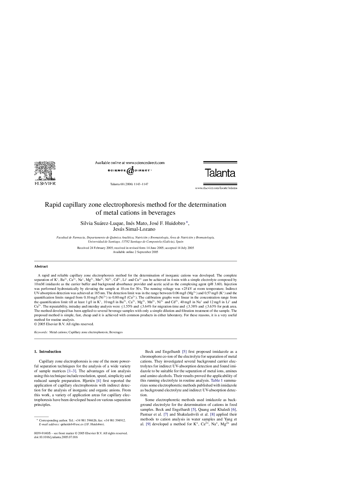 Rapid capillary zone electrophoresis method for the determination of metal cations in beverages