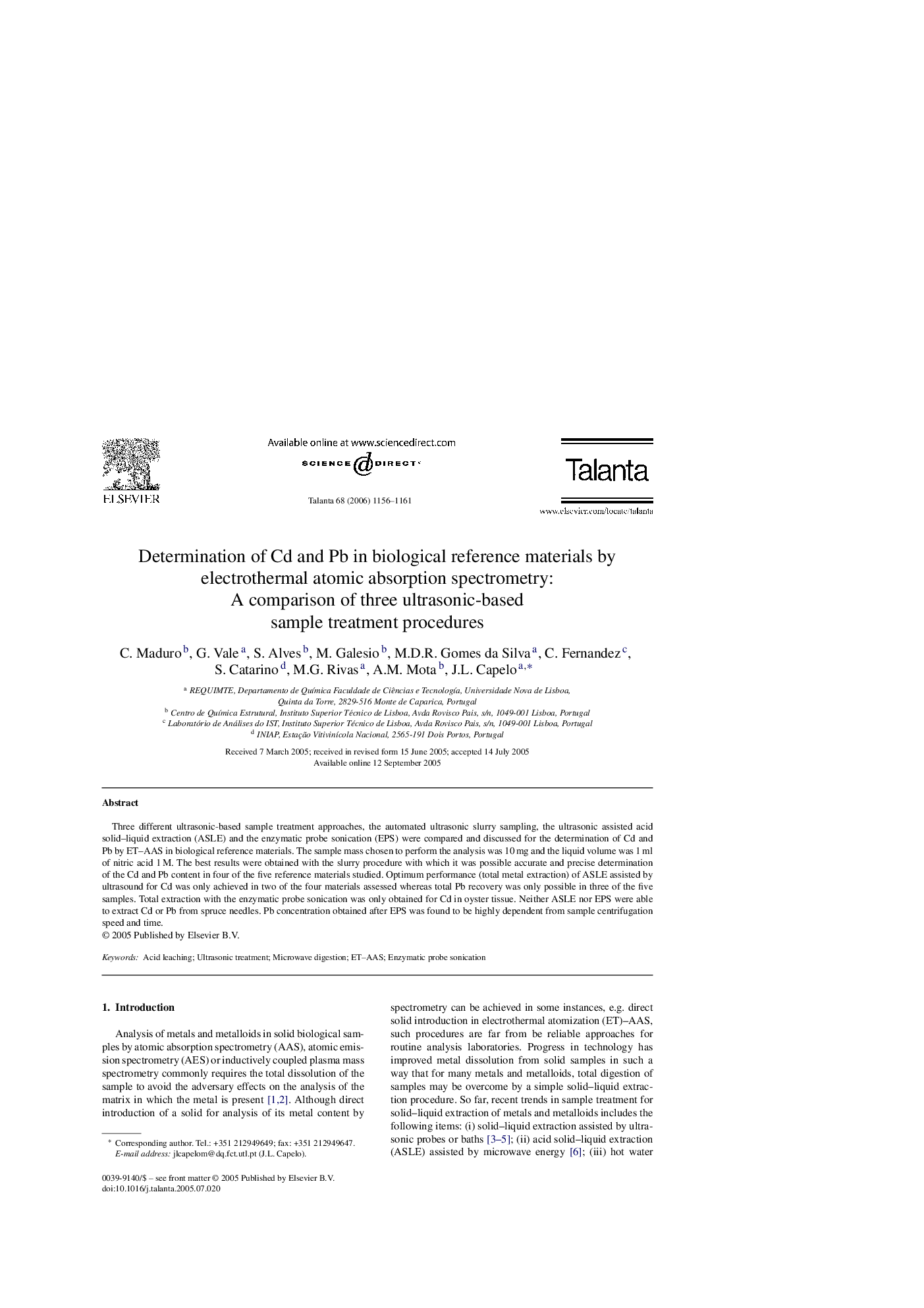 Determination of Cd and Pb in biological reference materials by electrothermal atomic absorption spectrometry: A comparison of three ultrasonic-based sample treatment procedures