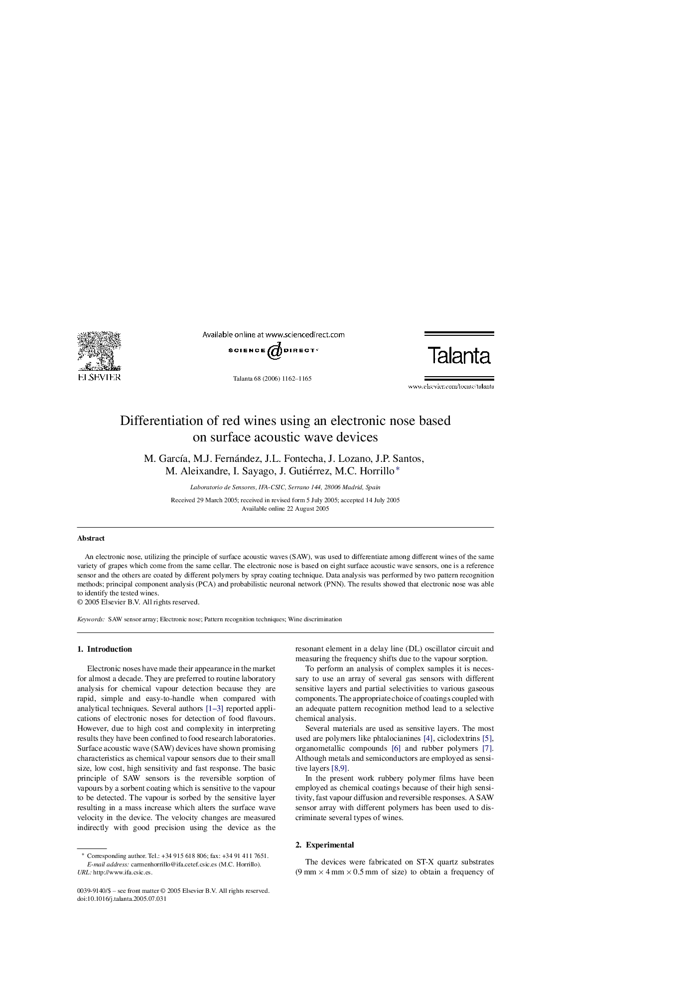 Differentiation of red wines using an electronic nose based on surface acoustic wave devices