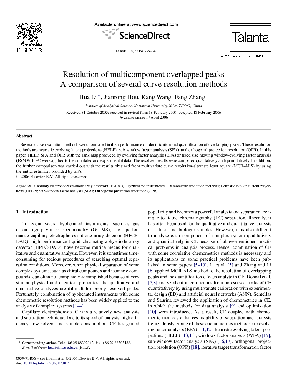 Resolution of multicomponent overlapped peaks: A comparison of several curve resolution methods