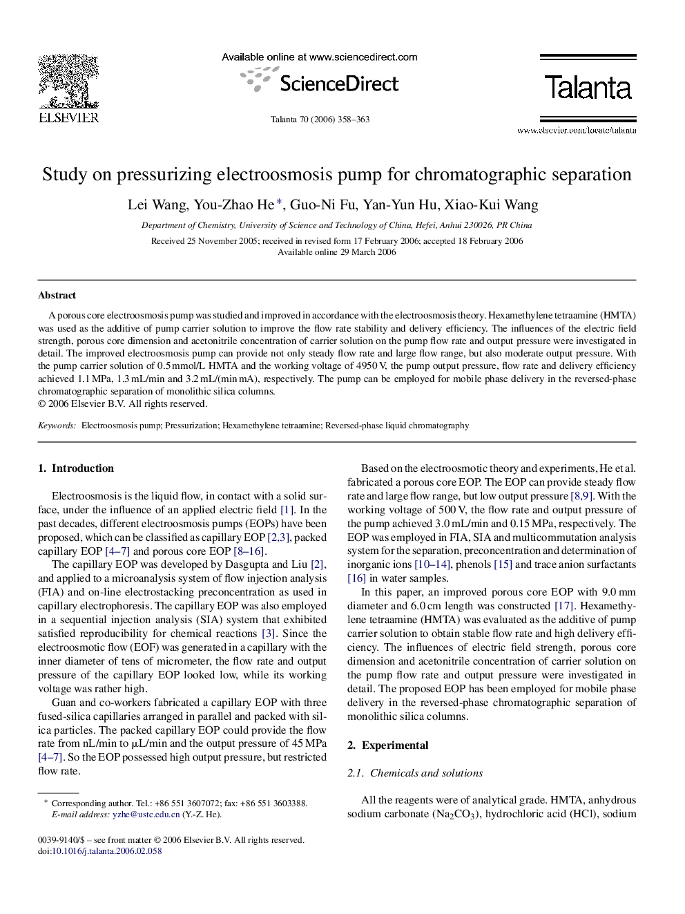 Study on pressurizing electroosmosis pump for chromatographic separation