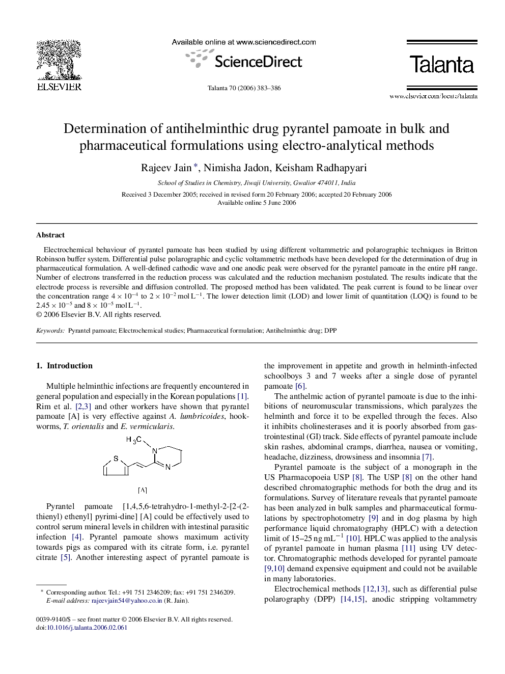 Determination of antihelminthic drug pyrantel pamoate in bulk and pharmaceutical formulations using electro-analytical methods