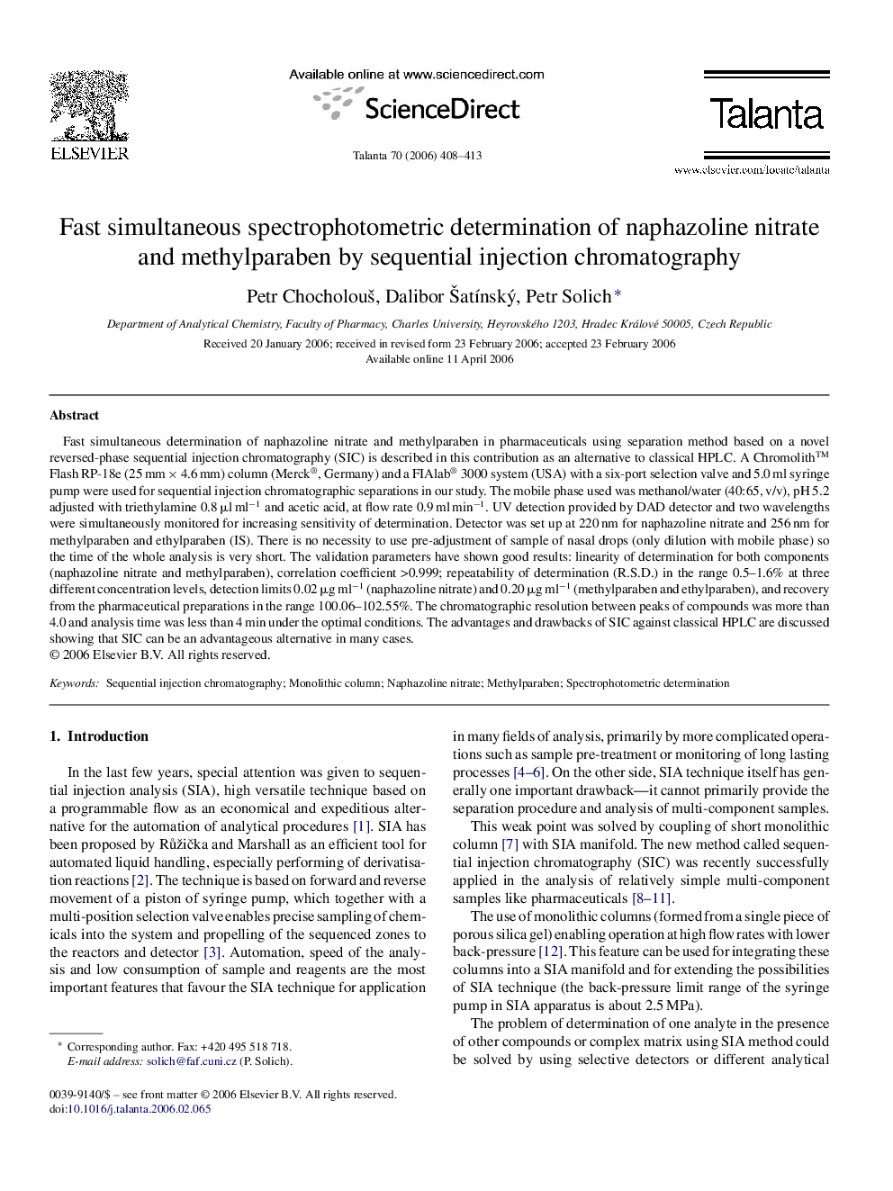 Fast simultaneous spectrophotometric determination of naphazoline nitrate and methylparaben by sequential injection chromatography