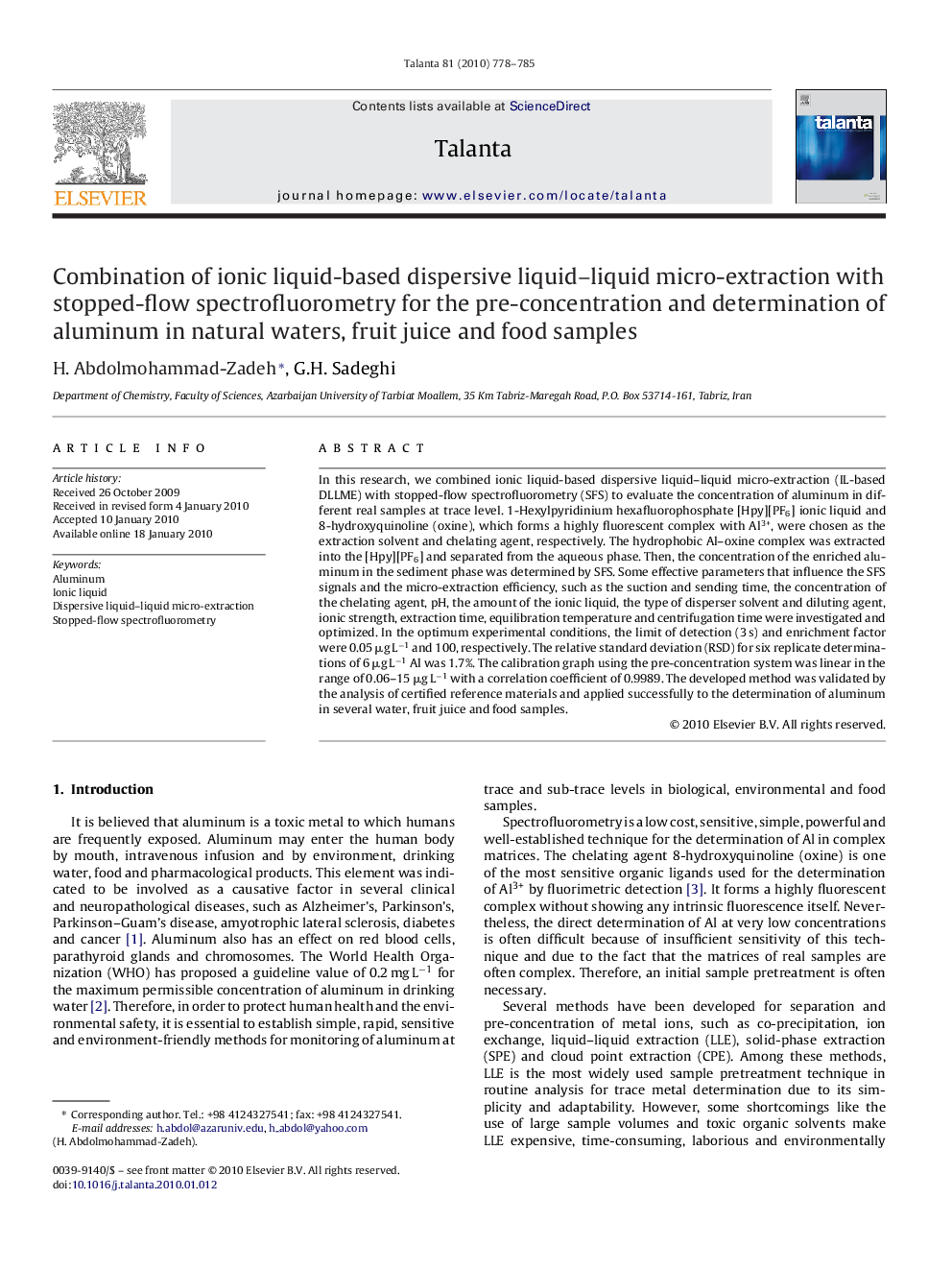 Combination of ionic liquid-based dispersive liquid–liquid micro-extraction with stopped-flow spectrofluorometry for the pre-concentration and determination of aluminum in natural waters, fruit juice and food samples