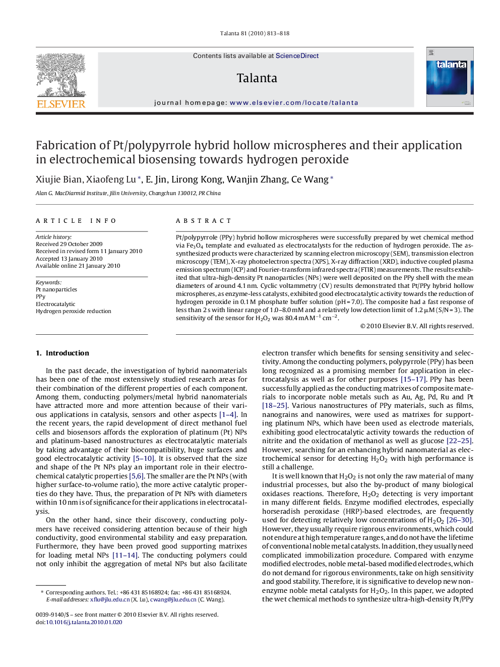 Fabrication of Pt/polypyrrole hybrid hollow microspheres and their application in electrochemical biosensing towards hydrogen peroxide