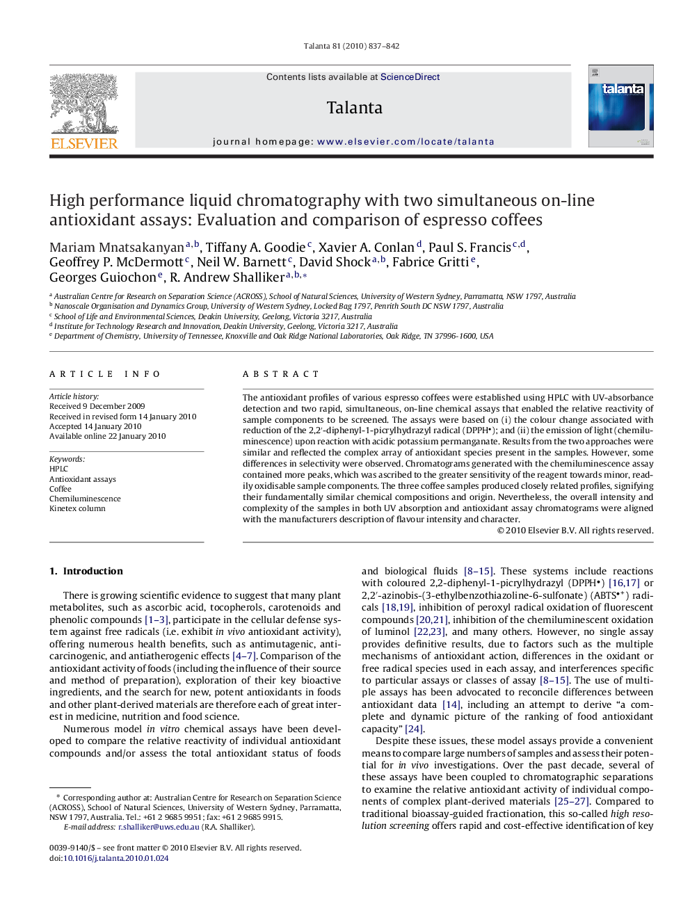 High performance liquid chromatography with two simultaneous on-line antioxidant assays: Evaluation and comparison of espresso coffees