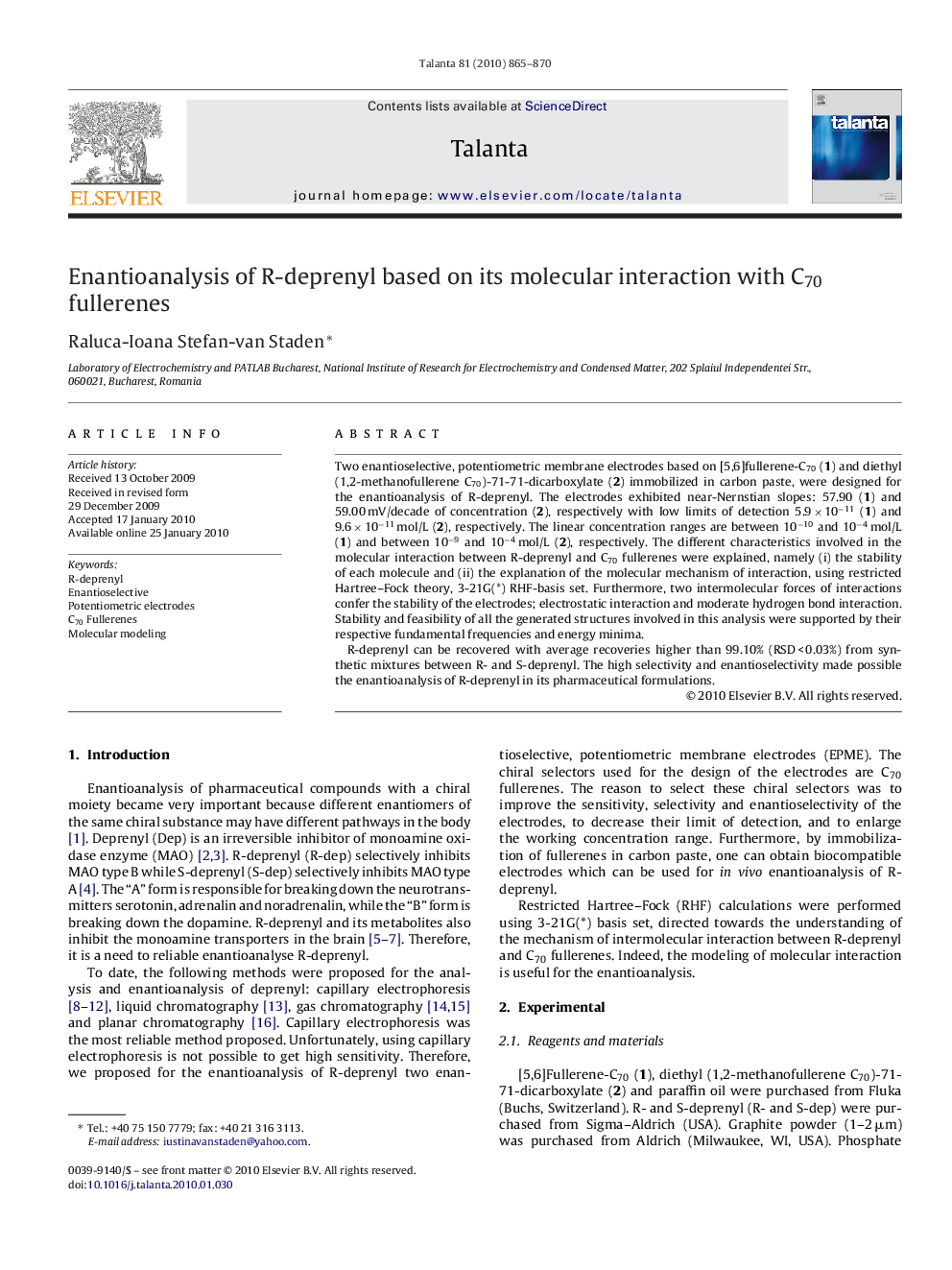 Enantioanalysis of R-deprenyl based on its molecular interaction with C70 fullerenes