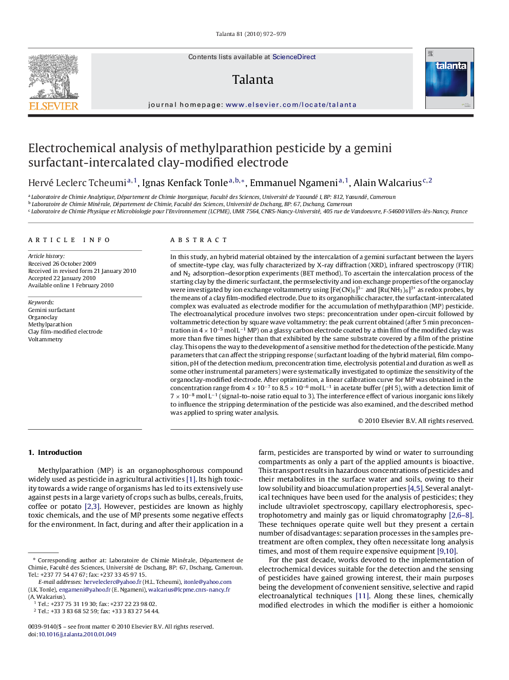 Electrochemical analysis of methylparathion pesticide by a gemini surfactant-intercalated clay-modified electrode