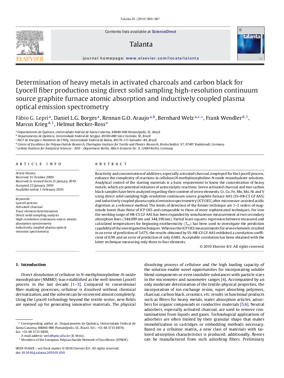 Determination of heavy metals in activated charcoals and carbon black for Lyocell fiber production using direct solid sampling high-resolution continuum source graphite furnace atomic absorption and inductively coupled plasma optical emission spectrometry