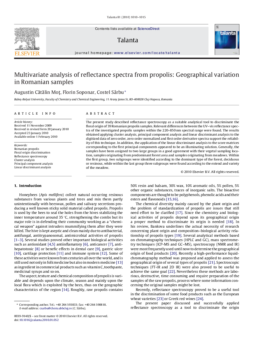 Multivariate analysis of reflectance spectra from propolis: Geographical variation in Romanian samples