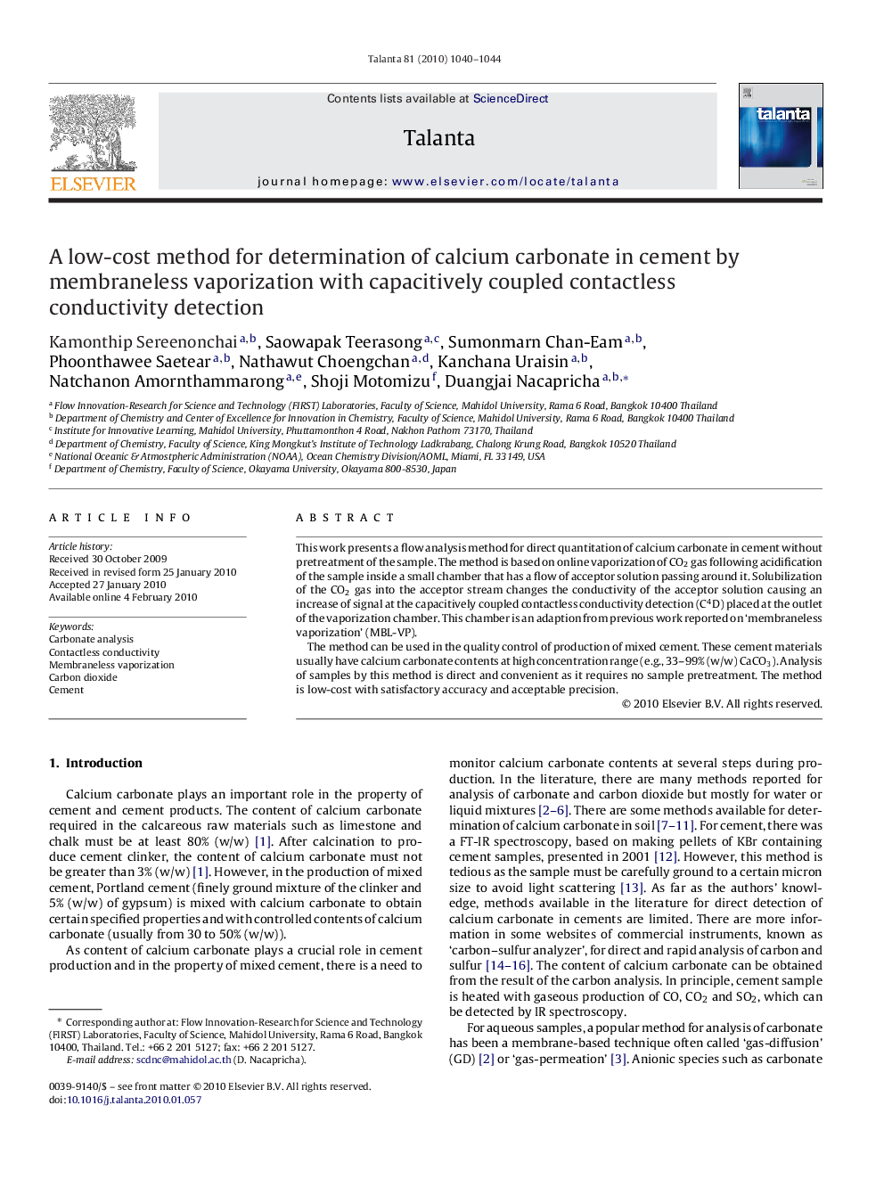 A low-cost method for determination of calcium carbonate in cement by membraneless vaporization with capacitively coupled contactless conductivity detection