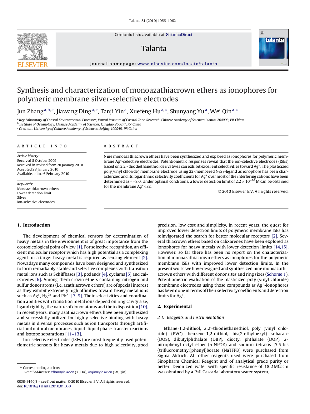 Synthesis and characterization of monoazathiacrown ethers as ionophores for polymeric membrane silver-selective electrodes