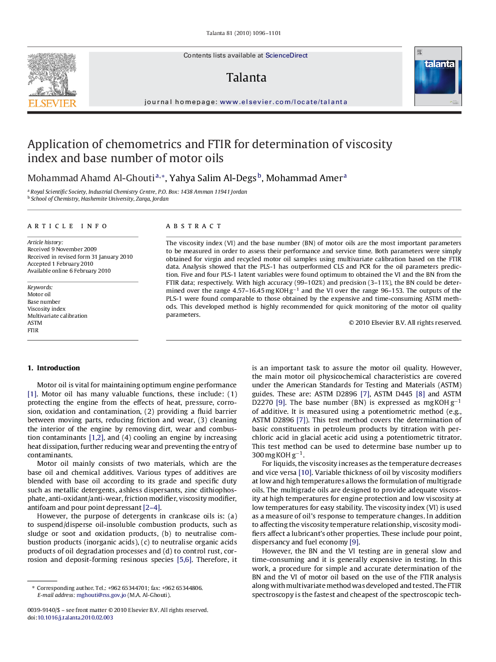 Application of chemometrics and FTIR for determination of viscosity index and base number of motor oils