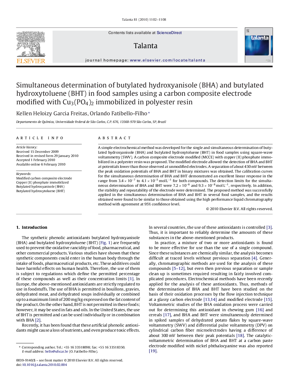 Simultaneous determination of butylated hydroxyanisole (BHA) and butylated hydroxytoluene (BHT) in food samples using a carbon composite electrode modified with Cu3(PO4)2 immobilized in polyester resin