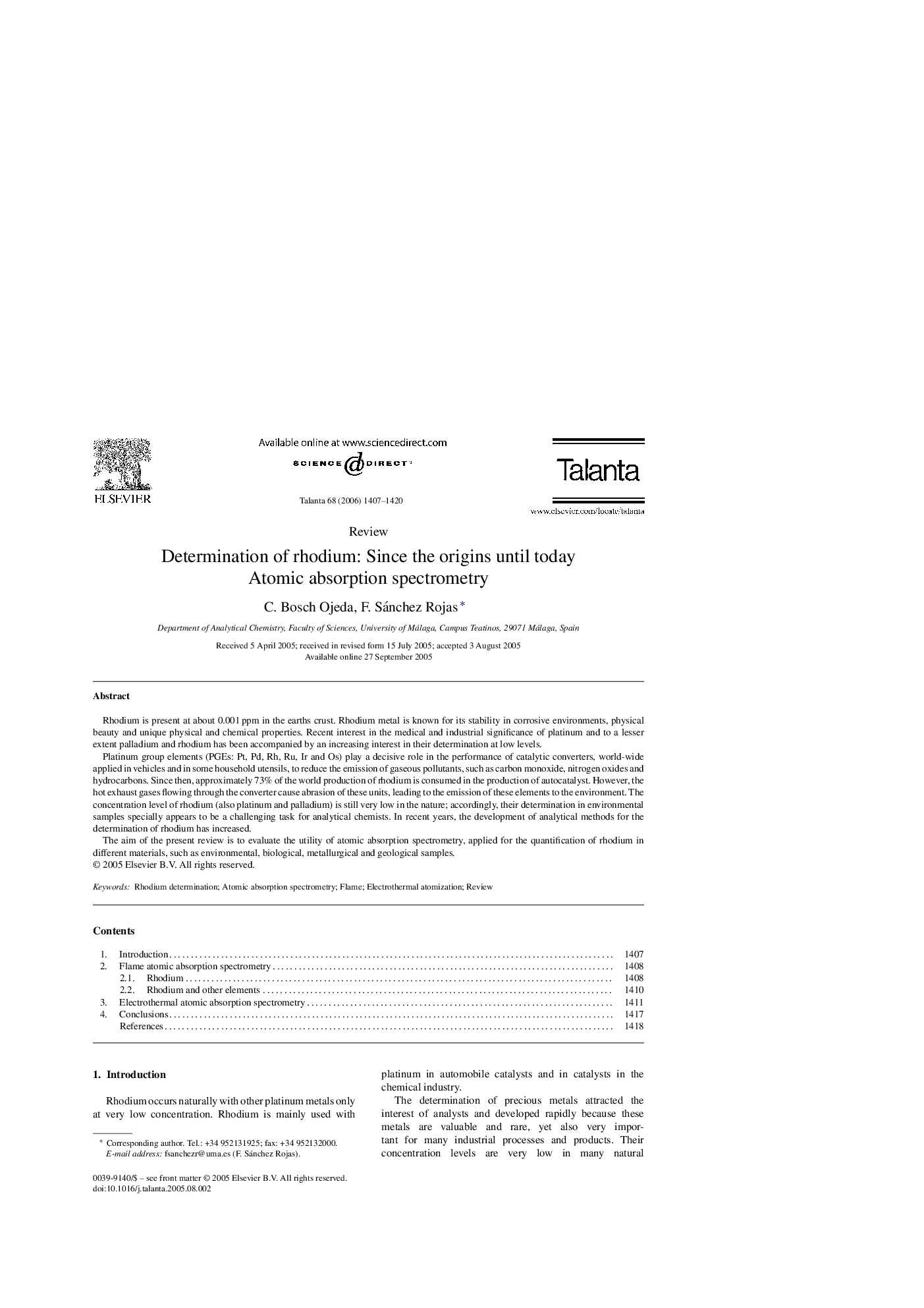 Determination of rhodium: Since the origins until today: Atomic absorption spectrometry