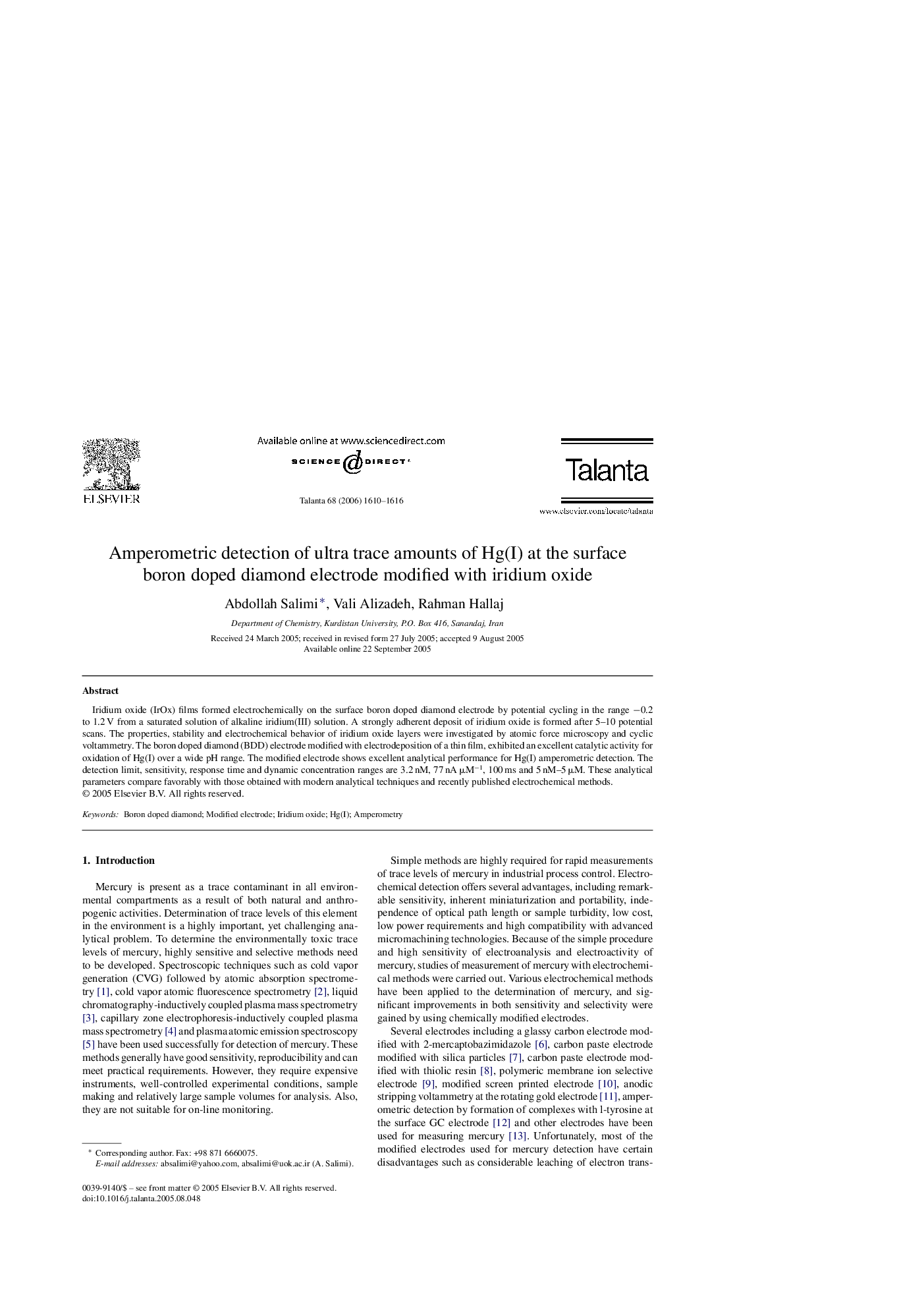 Amperometric detection of ultra trace amounts of Hg(I) at the surface boron doped diamond electrode modified with iridium oxide