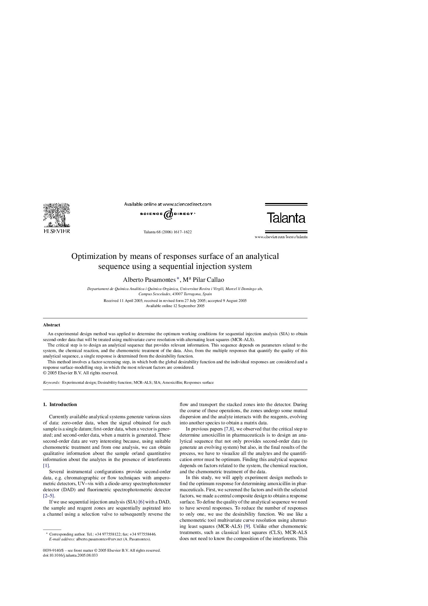 Optimization by means of responses surface of an analytical sequence using a sequential injection system