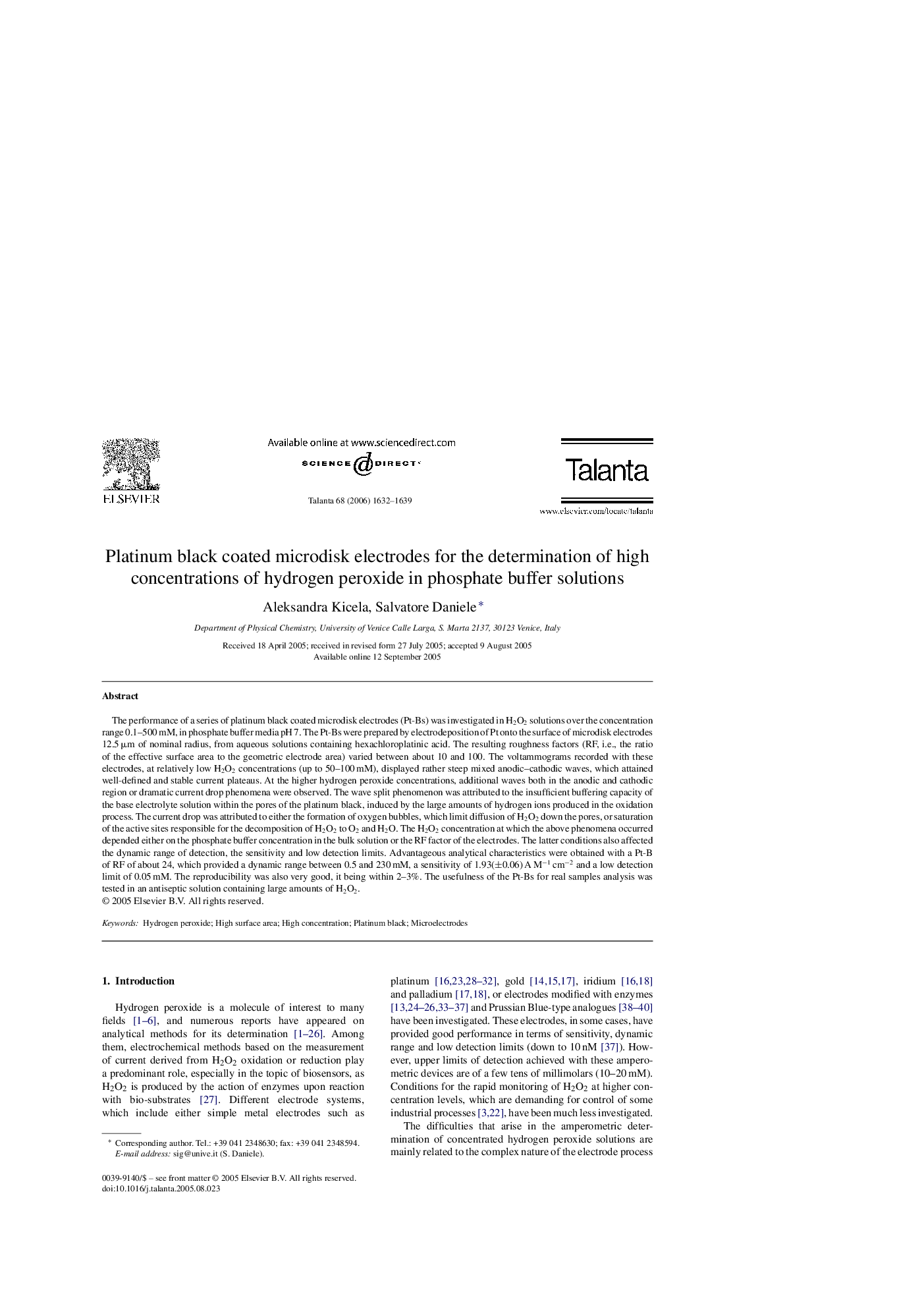 Platinum black coated microdisk electrodes for the determination of high concentrations of hydrogen peroxide in phosphate buffer solutions