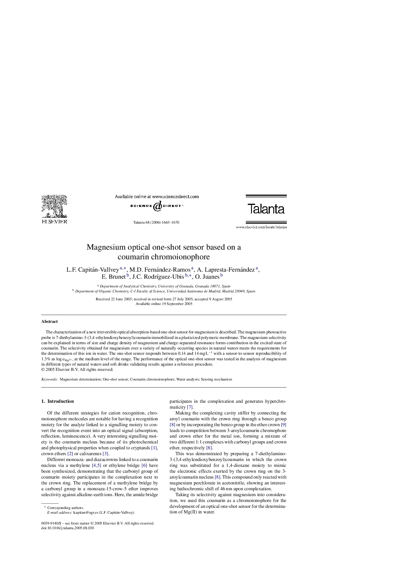 عکس صفحه اول مقاله: Magnesium optical one-shot sensor based on a coumarin chromoionophore Magnesium optical one-shot sensor based on a coumarin chromoionophore
