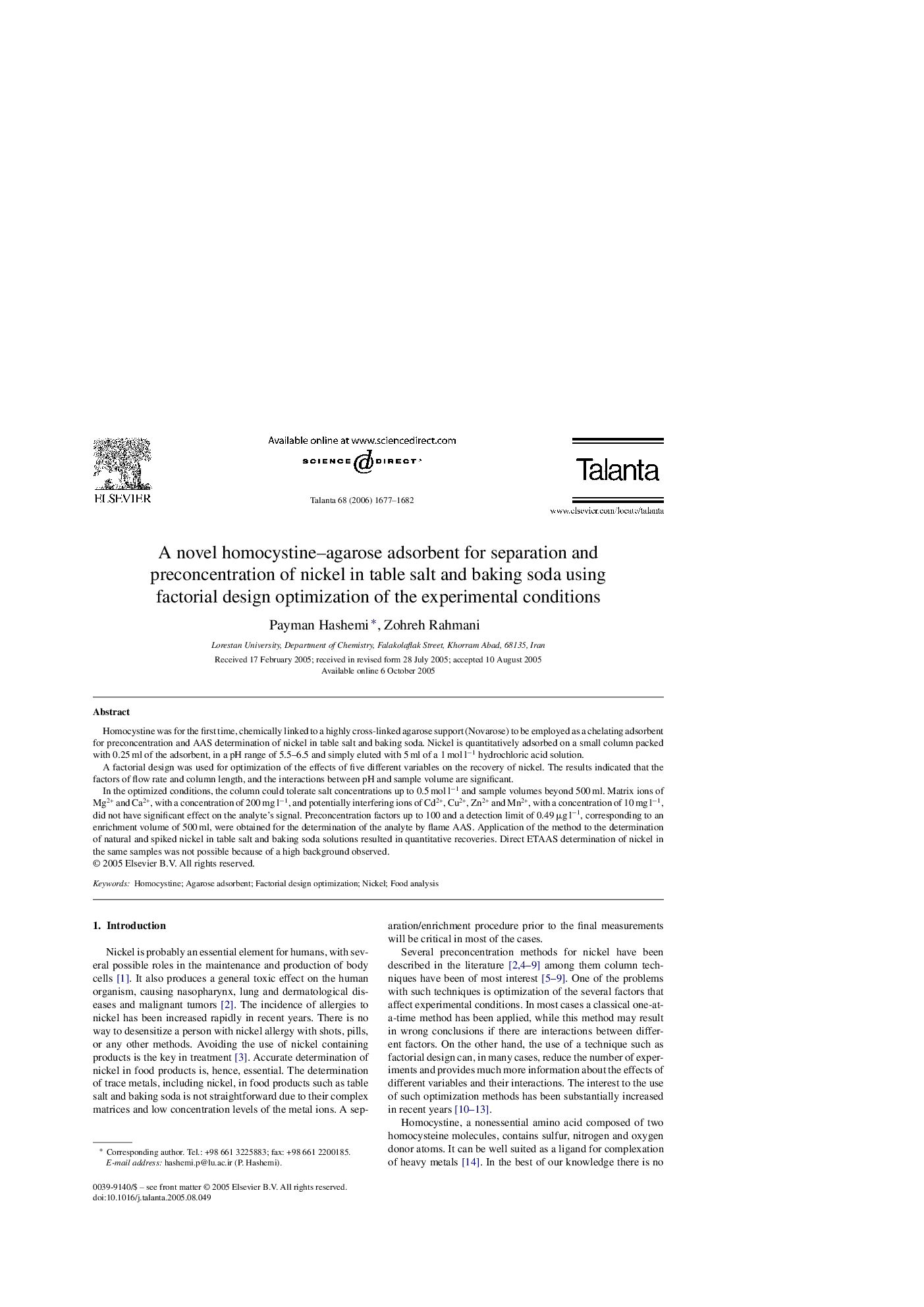 A novel homocystine–agarose adsorbent for separation and preconcentration of nickel in table salt and baking soda using factorial design optimization of the experimental conditions