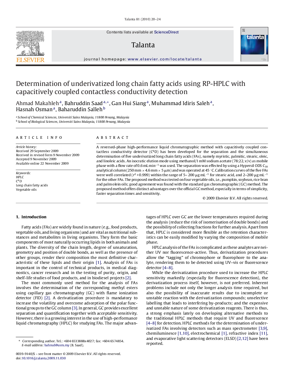 Determination of underivatized long chain fatty acids using RP-HPLC with capacitively coupled contactless conductivity detection