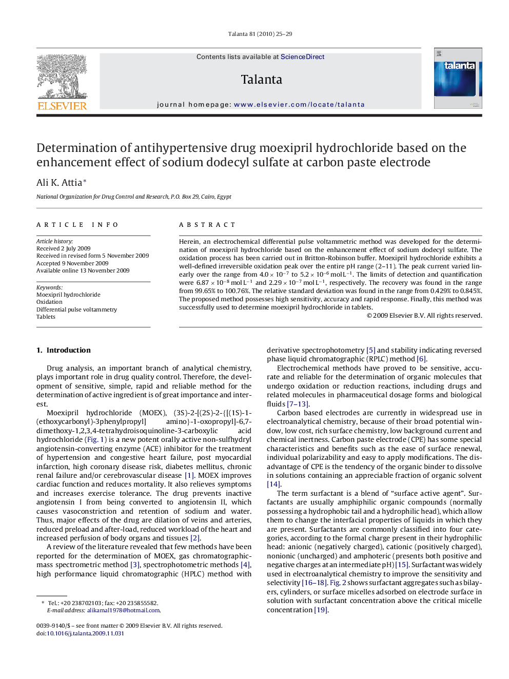 Determination of antihypertensive drug moexipril hydrochloride based on the enhancement effect of sodium dodecyl sulfate at carbon paste electrode