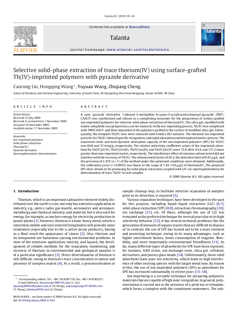 Selective solid-phase extraction of trace thorium(IV) using surface-grafted Th(IV)-imprinted polymers with pyrazole derivative